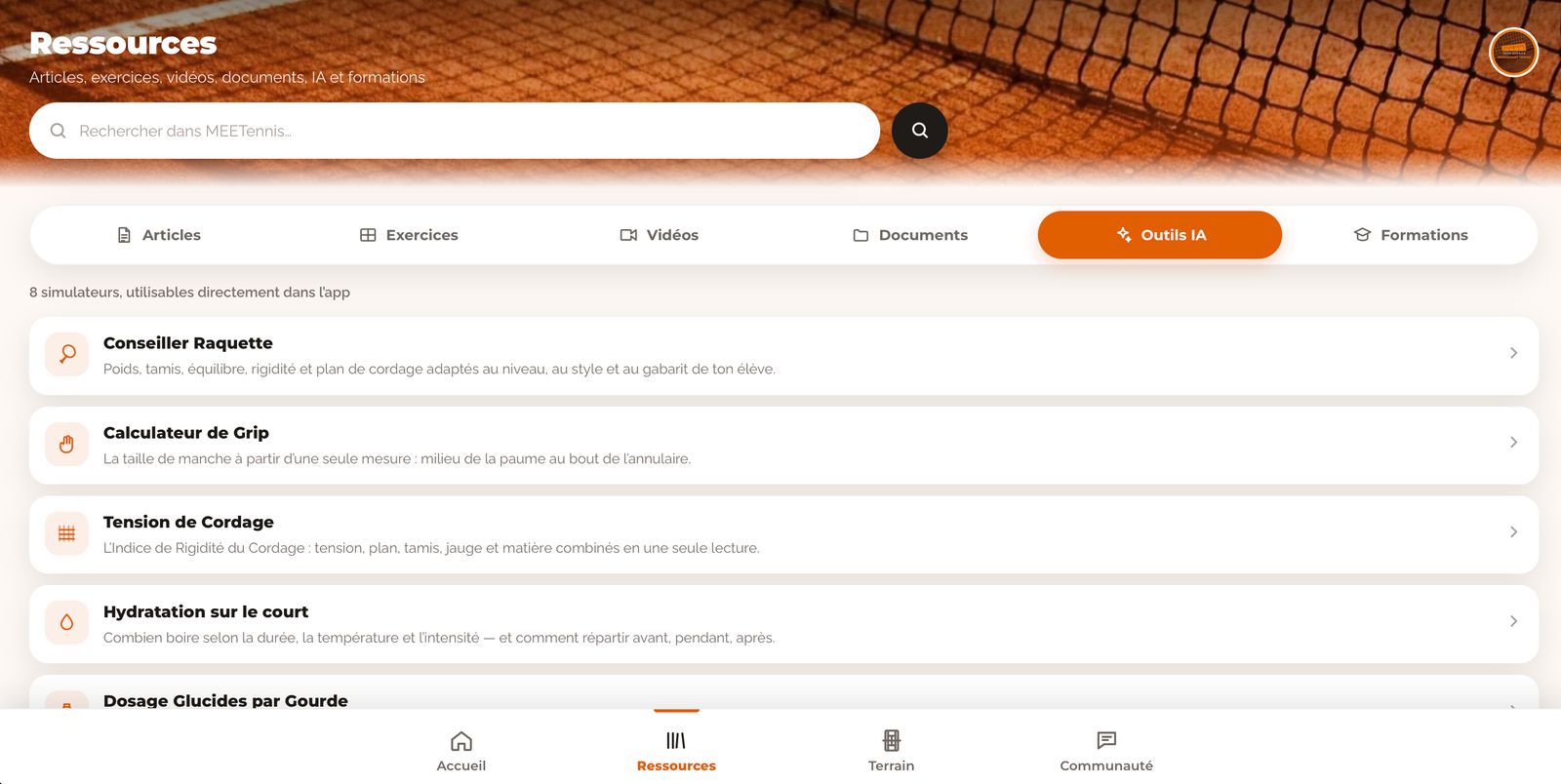 Huit outils à sortir sur le court, téléphone à la main — sur ordinateur