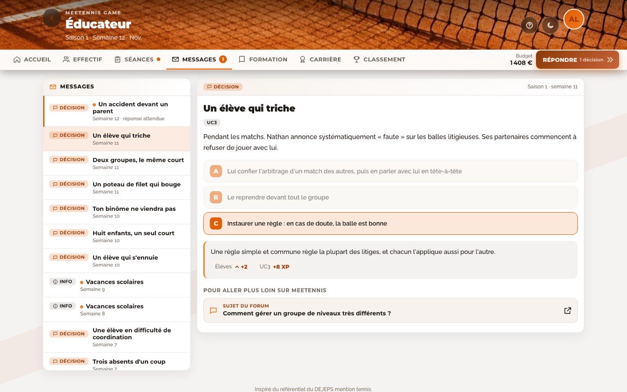 Messagerie du jeu sur ordinateur : une décision résolue, son retour pédagogique et le lien vers le forum MEETennis
