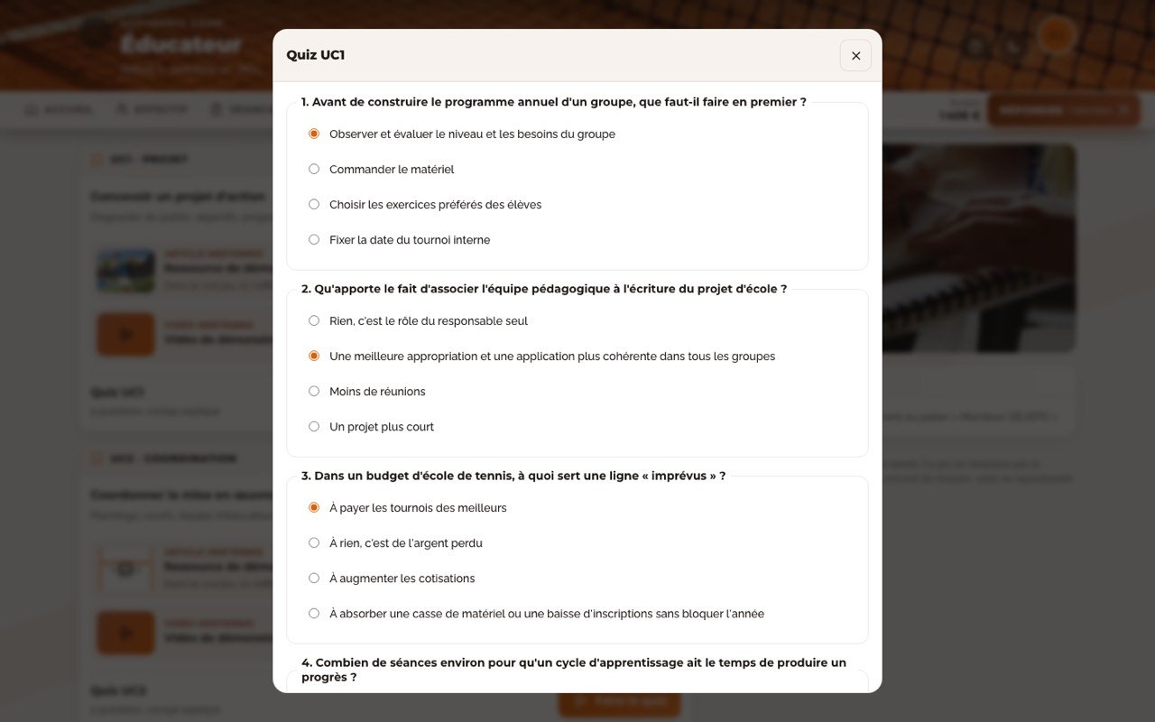 Quiz UC1 de la salle de formation : questions sur le projet d’école de tennis